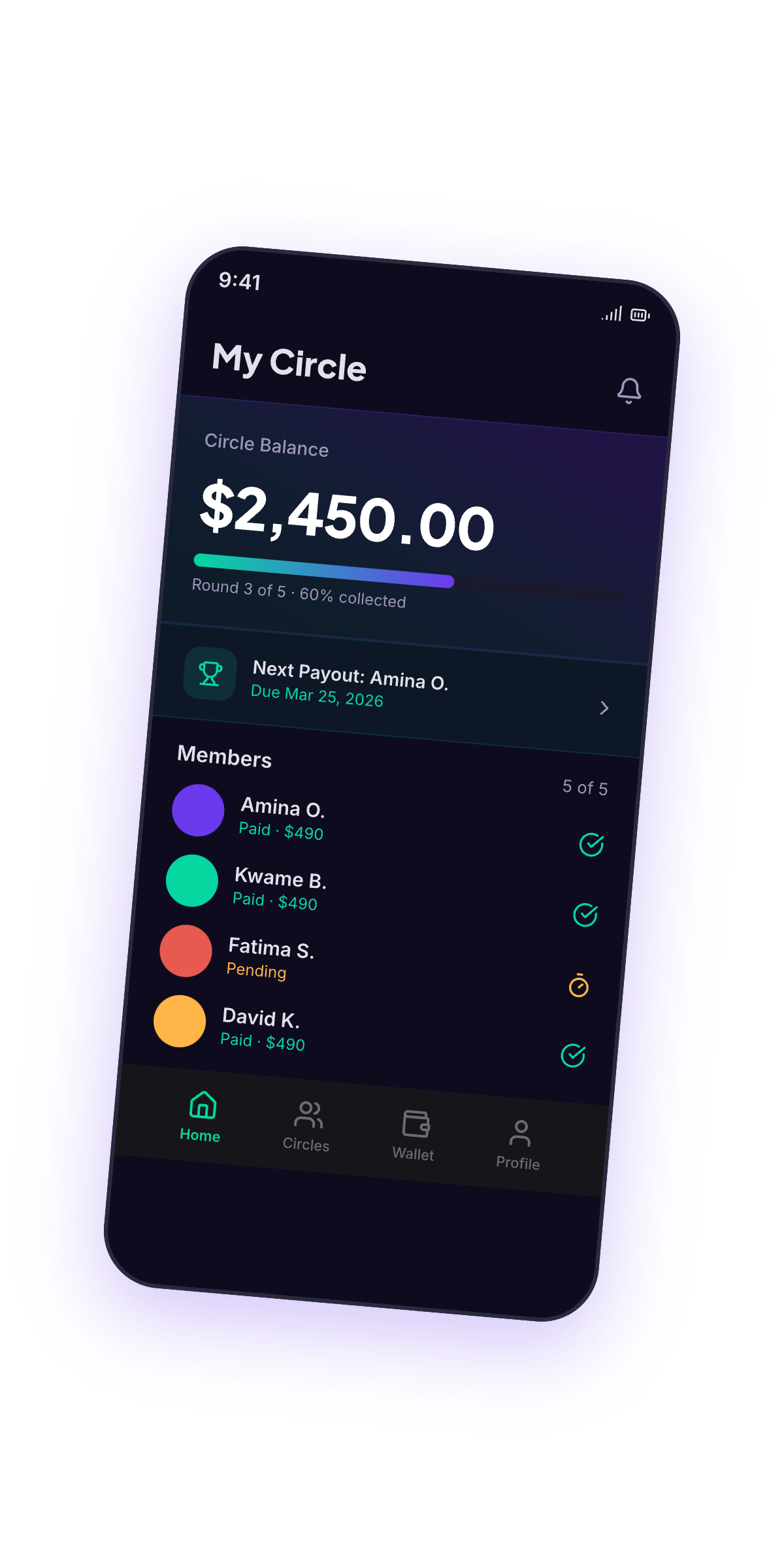 Korafy app showing circle balance of $2,450 with member payment tracking